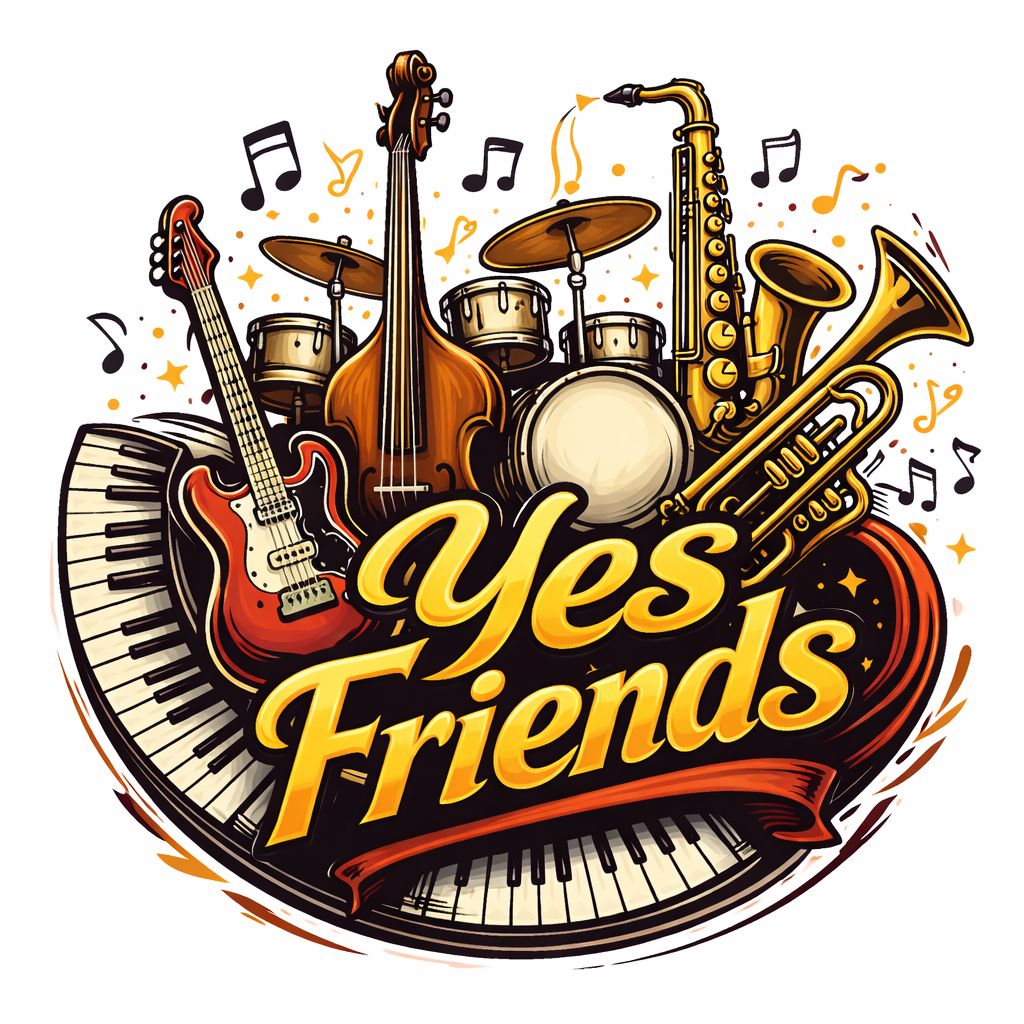 logo Yesfriends 2026 Zeskoppige jazzformatie Yesfriends met saxofoon, trompet, gitaar en drums.